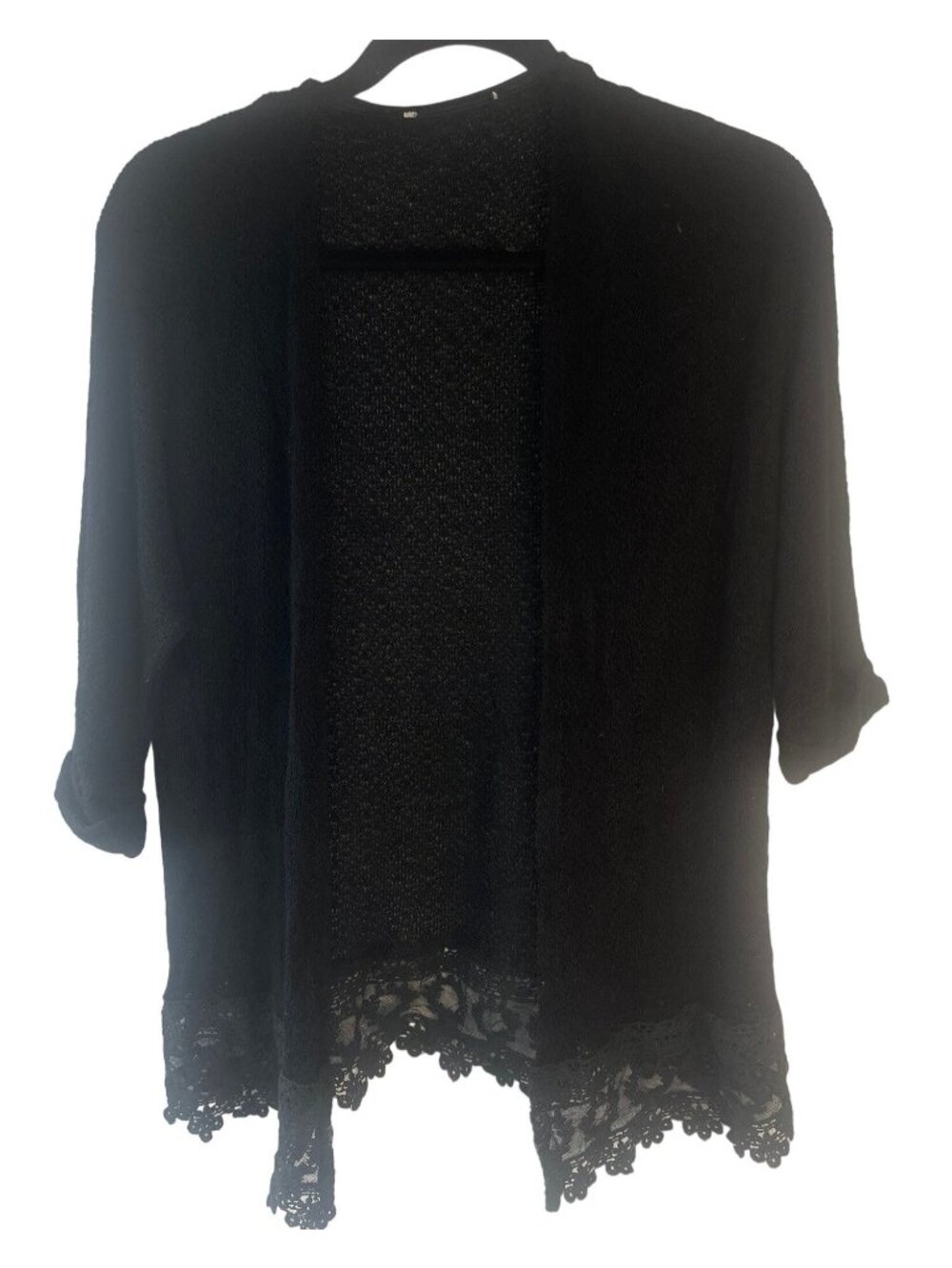 black knit sweater cardigan 3/4 length sleeves lace bottom open front rayon READ